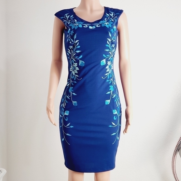 Jax Floral-Embroidered Sheath Midi Dress, Blue Pattern Size: 2 - Picture 1 of 11